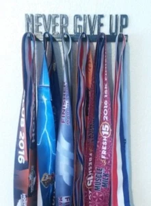 NEVER GIVE UP RACE MEDAL DISPLAY HOLDER RUNNER 5K 10K HALF MARATHON - Picture 1 of 3