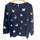 Talbots Sweater Butterflies Knit Womens Petite XL XLp Navy Blue 3/4 Sleeves
