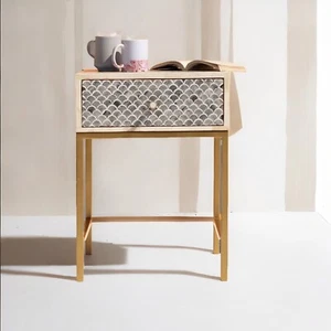 Bone Inlay Bedside Table Nightstand Furniture | 1 Drawer | Handmade - Picture 1 of 3
