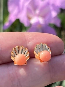 VTG 14k Gold Post Earrings Pink Angel Skin Coral “pearls” Sea Shell Fine Estate - Picture 1 of 10