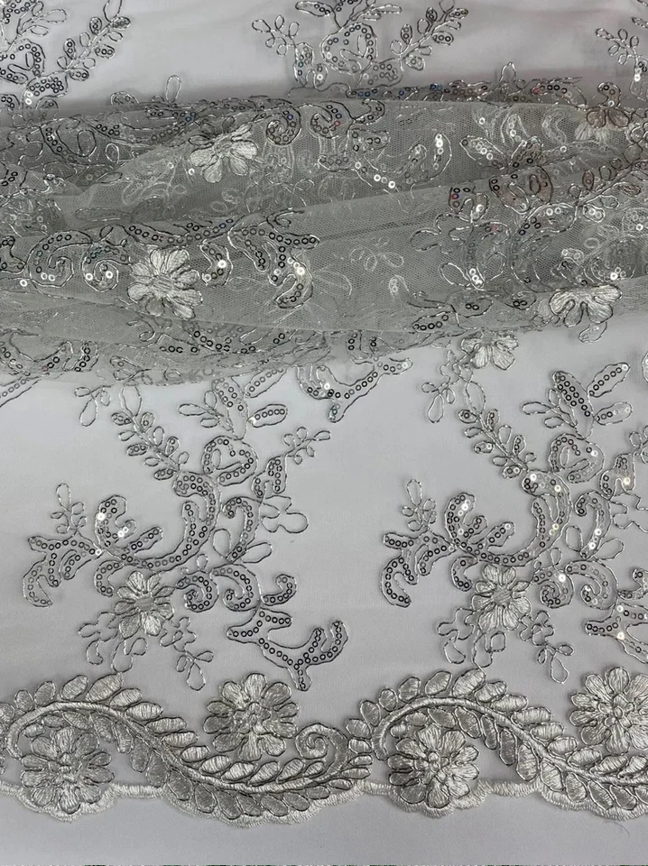 White Silver corded Floral lace with sequin Fabric Sold By Yard 52" Wide Elena - Image 1 of 1