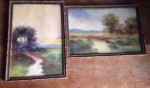 Antike Pastellmalerei Paar Landschaften Helen Chiles Art Deco gerahmt - Bild 1 von 12