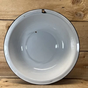 Vtg Enamelware Wash Basin White Black Trim Dish Pan Bowl Rustic Farmhouse Decor - Picture 1 of 11