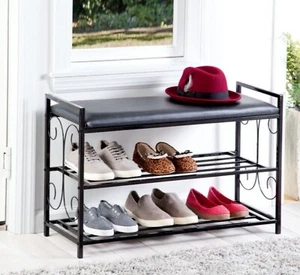 Shoe Bench 3 Tier Rack 8 Shoe Rack Storage Organizer Entryway Metal Faux Leather - Picture 1 of 3