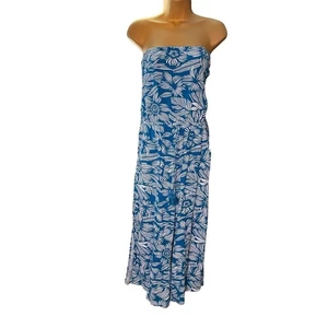 Blue Island Strapless Wide Leg Jumpsuit Tie Back Floral Print Teal/White M - Picture 1 of 5