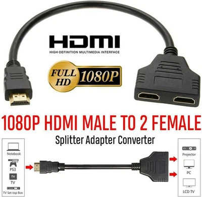 HDMI Splitter 1 In2 Out Cable Adapter Converter HD 1080 Multi Display Duplicator - image 1 of 4