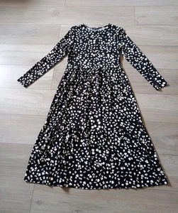M&S Black & White Abstract Print Flared Midi Dress Frilled Hem Boho Retro UK10L - Picture 1 of 21