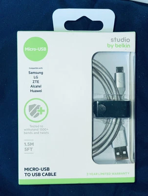 New Studio by Belkin Micro-USB to USB Cable Charger 5ft Gray w/strap - Image 1 of 3