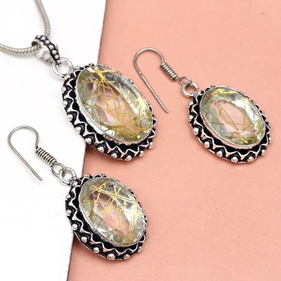 Conjunto de pendientes de oro rutilo joyería 18-20"" colgante cuarzo esterlina Foto 1 de 4