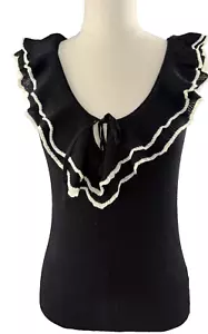 Top LAUREN Ralph Lauren nero 100% seta maglia VINTAGE con volant piccolo - Foto 1 di 7