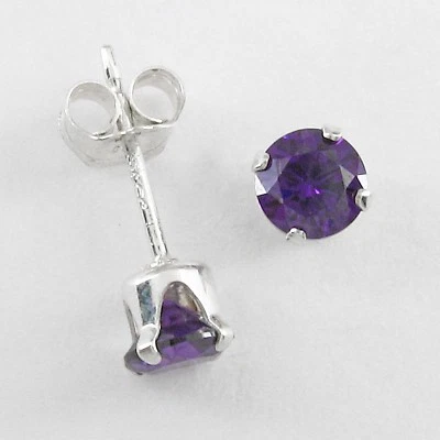 4mm Round CZ Amethyst Purple Post Stud Earrings in SOLID Sterling Silver - NEW! - Image 1 of 4