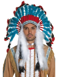 Deluxe Western Indian Chief Head Dress Adults Feather Headpiece Costume New