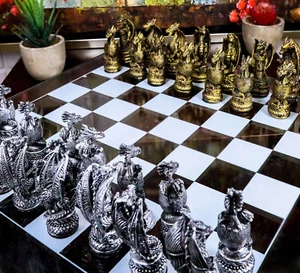 Ebros Fantasy Dragon Dungeon Kingdoms Resin Chess Pieces With Glass Board Set - Picture 1 of 7