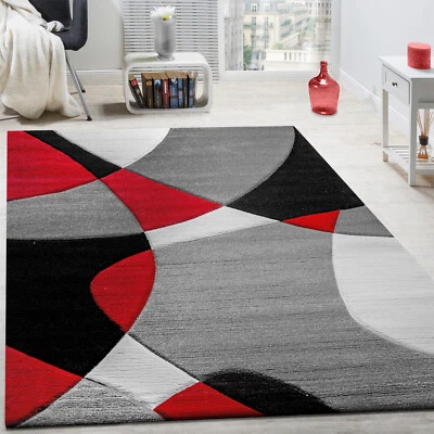 Designer Teppich Modern Geometrische Muster Konturenschnitt In Rot Schwarz Grau - Bild 1 von 4