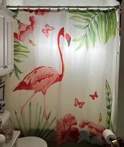 Popular Bath Design Fabric Shower Curtain 12 Metal Grommets Pink Flamingo 70x72 - Picture 1 of 2