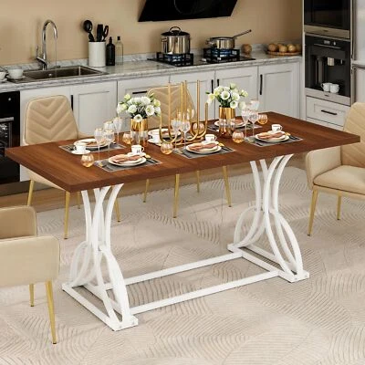 70.3英寸长方形现代餐桌带核桃桌面和几何金属支腿 — 第 1/4 张图片