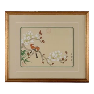  Vintage Chinese Floral Botanical Painting With Bird on Silk  - Picture 1 of 6