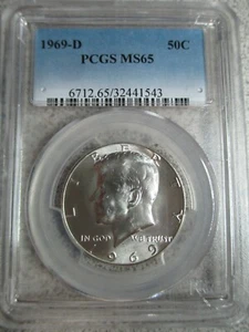Medio dólar Kennedy 1969-D - graduación profesional MS65 - moneda graduada certificada por el estado como nueva MS 65 - Imagen 1 de 11