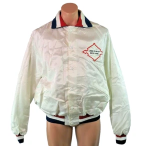 King Louie VTG 80s LAKE PLACID Red White Blue Olympics Satin Bomber Jacket XL - Picture 1 of 10