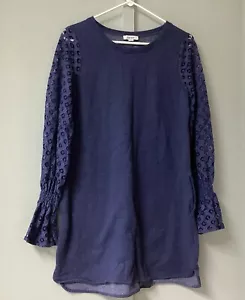 Kensie Ladies Sweat Dress Size Small Blue Eyelet Sleeve Crewneck Mini Knee - Picture 1 of 18
