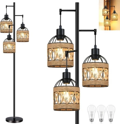 Floor Lamp for Living Room,Bedroom,3-Lights Boho Rattan Tree Floor Lights,Ind... - Image 1 of 4