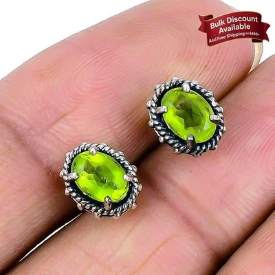 Natural Peridot Faceted Solid Sterling Silver Wedding Stud Post Clip On Earrings - Image 1 of 4