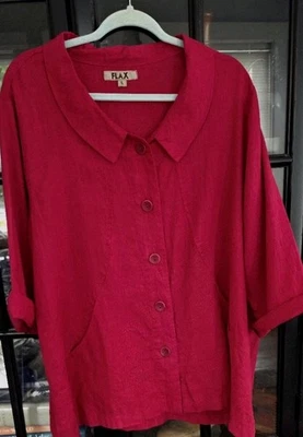 Flax Womens Linen Large Button Up Dark Red Smock Jacket Collared Pockets - Image 1 of 4