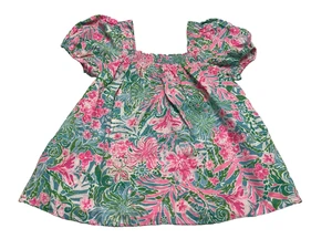 Lilly Pulitzer Shirt Women Size 8 Bright Floral Square Neck Puffy Sleeves - Picture 1 of 5