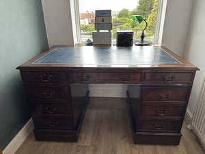 Mahogany Desk With Rare Blue Leather Top - Picture 1 of 1