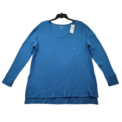 American Eagle Womens S Blue Soft V-Neck Ribbed Knit Long Sleeve Tunic Relaxed - Image 1 of 4
