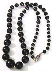Vintage 262ct Black Jade & Gold Filled Graduated Bead Estate Necklace 24" - Picture 1 of 7