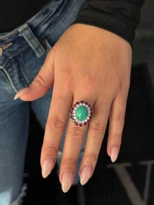 14k White Gold Natural White Diamonds Red Ruby Green Emerald Halo Vintage Ring - Picture 1 of 19