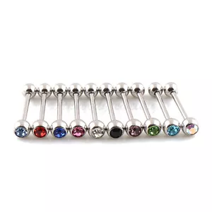 10 pc14 Gauge 5/8" Jeweled Straight Tongue Barbell Ring With Steel Plain ball - Picture 1 of 5