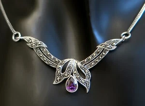 925 ECHT SILBER *** Jugendstil Amethyst Markasit Collier Kette, 45 cm - Picture 1 of 4