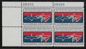 US Scott #1306, Plate Block #28395/28396 1966 Bird Treaty 5c FVF MNH Upper Left - Picture 1 of 1