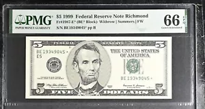1999 $5 Federal Reserve Note Fr-1987-E* Richmond PMG66 Gem PPQ - Picture 1 of 2