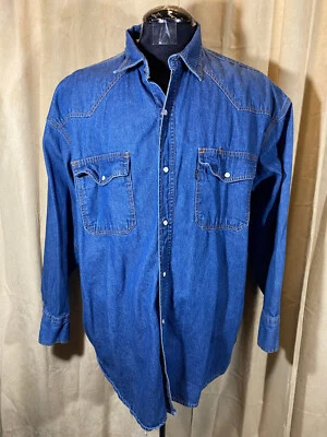 Camisa vaquera azul clave para hombre 2XL L/S algodón broches Rockabilly Foto 1 de 4