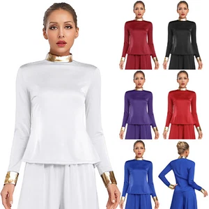 Women Long Sleeves Clergy Coat Stand Up Collar Metallic Church Clergy Shirt - Picture 1 of 50