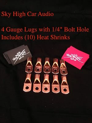 SKY HIGH CAR AUDIO (10) 4 Gauge Copper Ring Terminals 1/4" RED/BLACK Heat Shrink Tubing LUGS