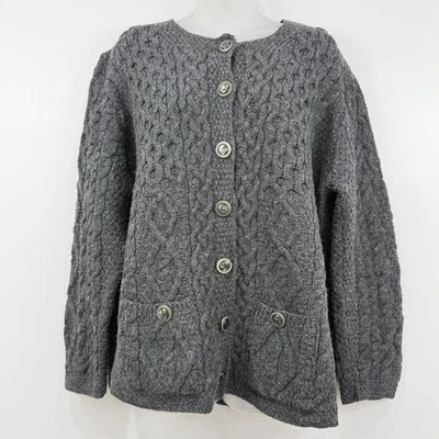 Aran Crafts Cardigan Women XL Grey Cableknit Merino Wool Ireland Jeweled Buttons - Image 1 of 4