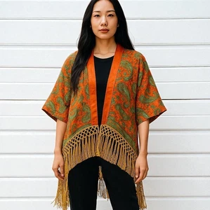 Cárdigan kimono Forever 21 para mujer cachemira flecos dorados talla mediana satinado boho - Imagen 1 de 11