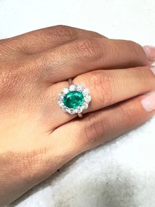 3.40 ct Lab Grown Green Emerald and Diamond Cluster Ring, Platinum - Picture 1 of 6