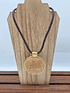 Chico’s Braided Brown Leather Necklace Matte Gold Hammered Cork Medallion 17" - Picture 1 of 9
