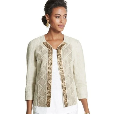 Chico's Linen Jacket Size L Beaded Stitching Detail Open Front Neutral - Image 1 of 4