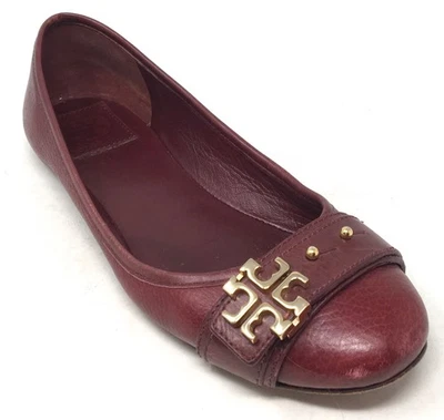 TORY BURCH Elina Bordeaux Pebbled Leather Gold Buckle Ballet Flats Women's 8.5 - Image 1 of 4