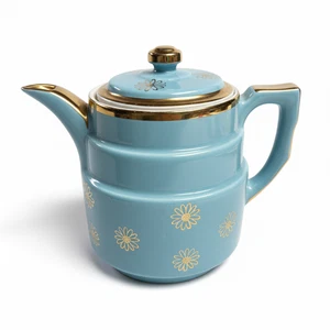 Vintage Hall Teapot Turquoise Blue Daisy Floral 22K Gold Trim Superior Quality - Picture 1 of 14
