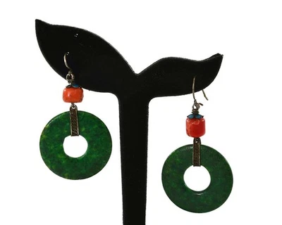 中国银色珐琅手工雕刻彩色戒指珊瑚珠耳环 — 第 1/4 张图片