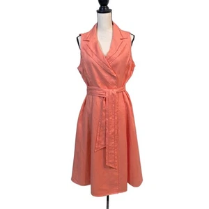 Jones New York Signature Coral Peach Linen Collared Belted Midi Dress Size 16 - Picture 1 of 9