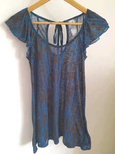 Next Ladies Vintage Blue/brown Cap Sleeve Floaty Open Tie Back Long Top Uk 8 - Picture 1 of 7