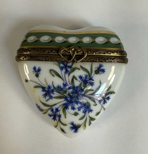 Limoges Hinged Heart Floral Cornflower Porcelain Trinket Box - Picture 1 of 7